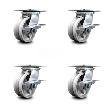 Service Caster 5 Inch Heavy Duty V Groove Semi Steel Caster Set with Ball Bearings and Brakes SCC-35S520-VGB-SLB-4